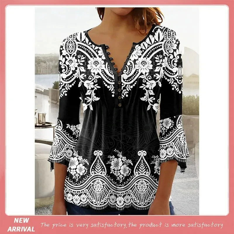 Summer Women's V-Neck Button T-Shirt Street New Fashion Loose Seven-Point Sleeve Shirt 3D Printed Casual V-Neck T-Shirt Top
