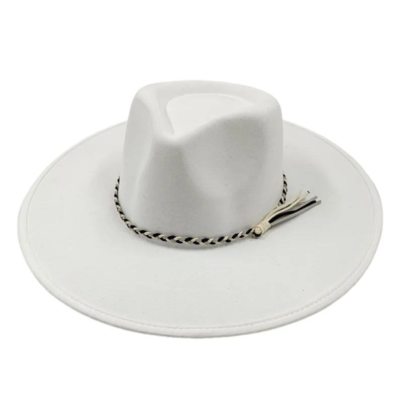

Women's Hat White Suede hat Handmade black and white braided rope Water drop hat Wide Brim Fedora Hat Men's Autumn and Winter
