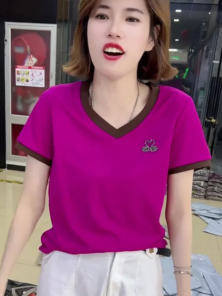 

Водяная летняя футболка с лебединой этикеткой, женская свободная корейская футболка с v-образным вырезом для похудения, модный топ для поездок на работу Sle ort Sve