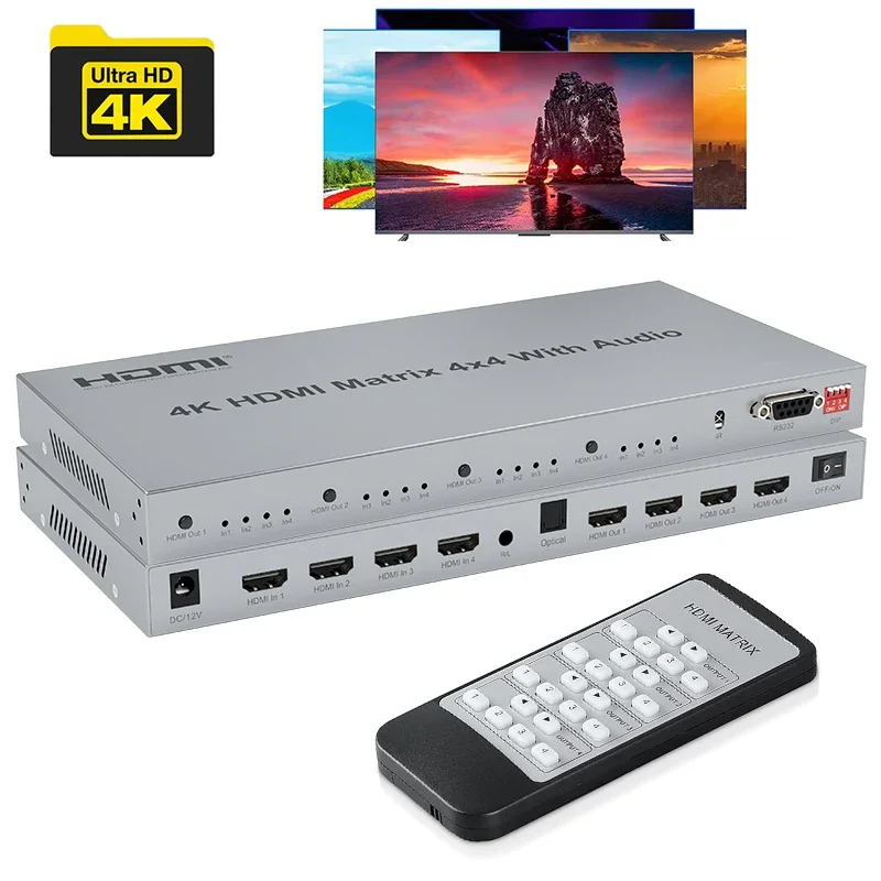 

HDMI Matrix Switcher 4 in 4 out 4K 30Hz/60Hz HDMI Video Matrix Switch Splitter 4x4 Converter with Optical 3.5mm Audio EDID RS232