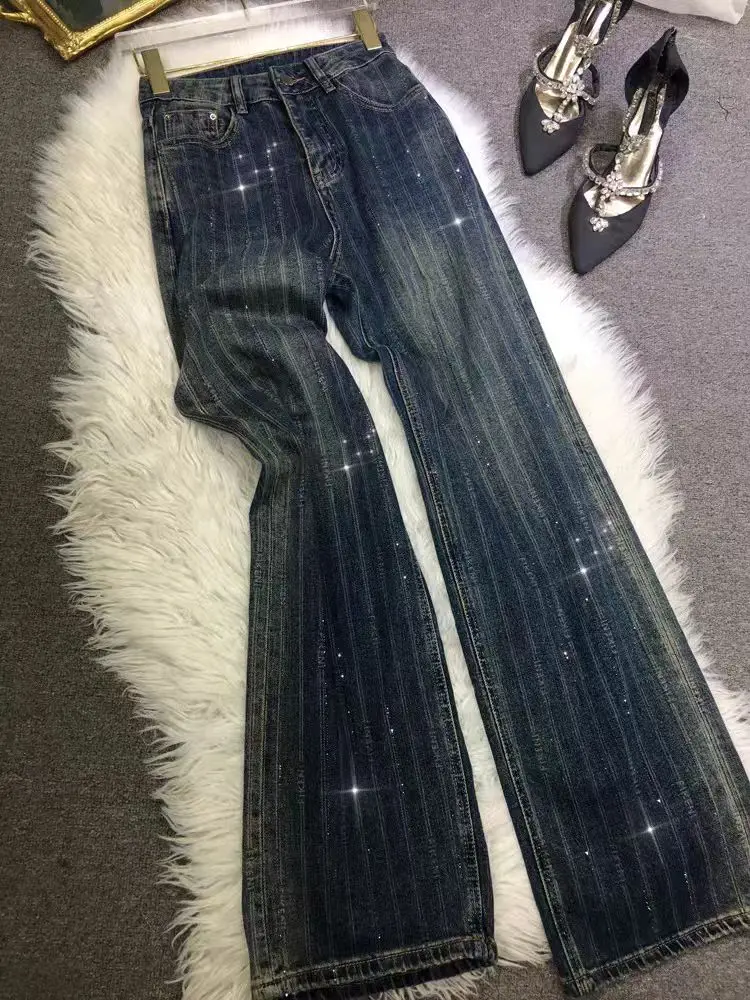 

Loose Jeans Pants with Shiny Imitation Diamonds Y2k, Straight Wide Leg Casual Pants Wear Retro, Street Clothing for Woman Concer