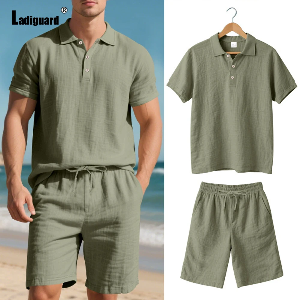 

Plus Size Mens Casual Linen Two Piece Sets 2025 Europe Sexy Polos Shirt and Army Green Shorts Suit Male Beach Tracksuits Set New