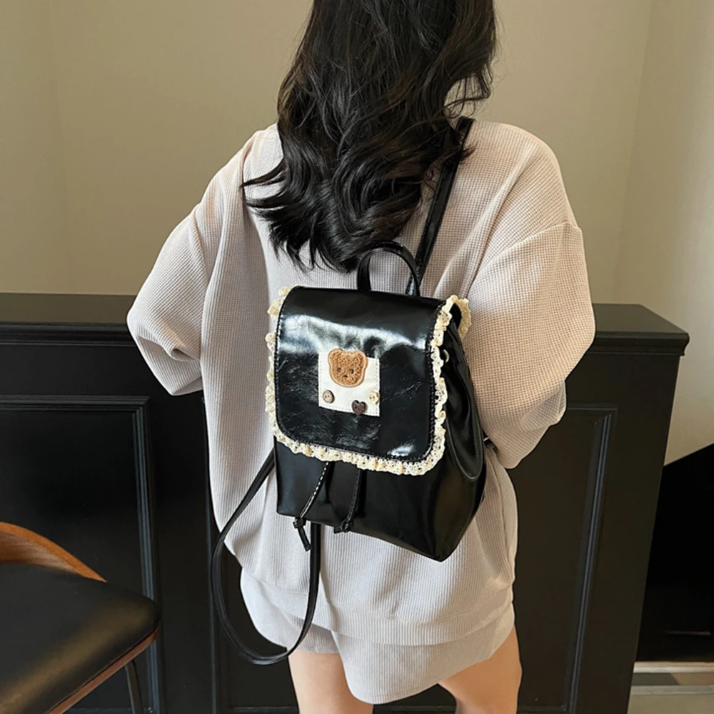 

Милый кружевной модный рюкзак с рюшами из искусственной кожи, рюкзак на шнурке с верхней ручкой, балетный стиль, повседневный женский рюкзак с милым медведем