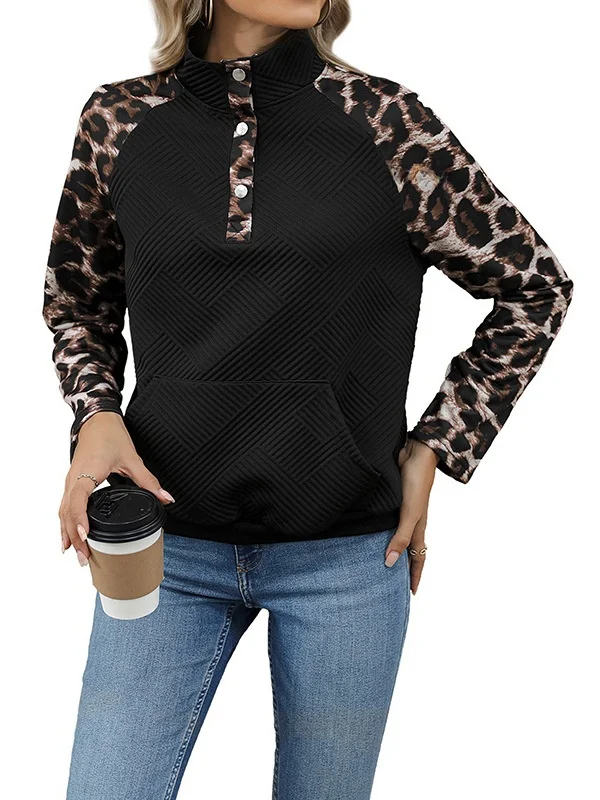 Felpa con cappuccio da donna autunno casual Street Sle f collo alto aperto sul davanti con stampa leopardata Felpa lunga da donna in fibra di poliestere