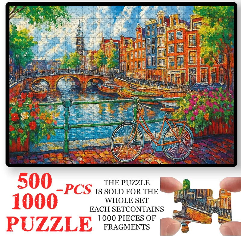Rompecabezas de casas del canal de Amsterdam de 500/1000 piezas adecuado para adultos: rompecabezas grande y desafiante con tablero de tarjeta blanco, A