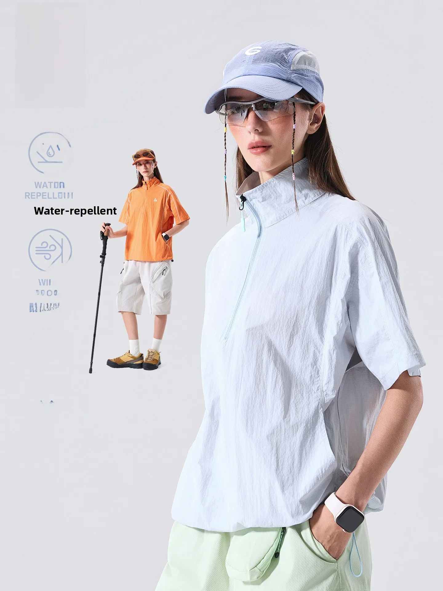 LAZY DAY Outdoor Windproof Quick Dry Short Sleeve T-Shirt Women's Summer Half Zip up Top Moisture Wicking Nylon Fabric