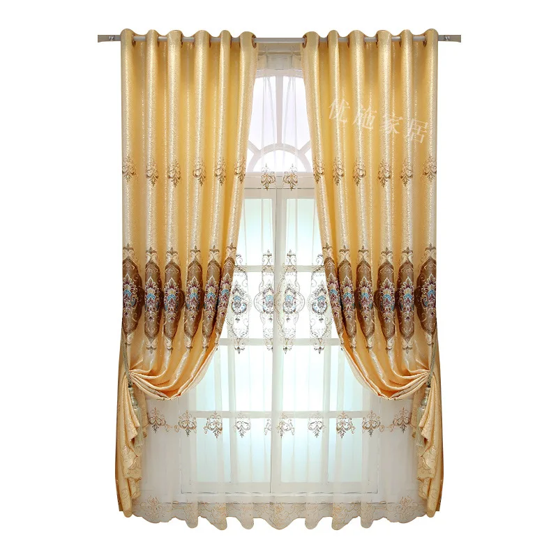 European Style Curtains for Living Dining Room Bedroom Luxury Wedding Embroidered Fabrics Yellow Blue Jacquard Curtains Tulle