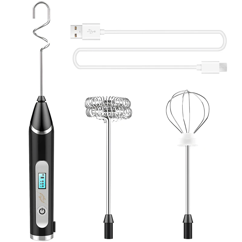 

Milk Frother, USB Rechargeable LCD Hand Mixer With 3 Stainless Steel Whisk, 3 Speeds Handheld Frother Whisk, Electric