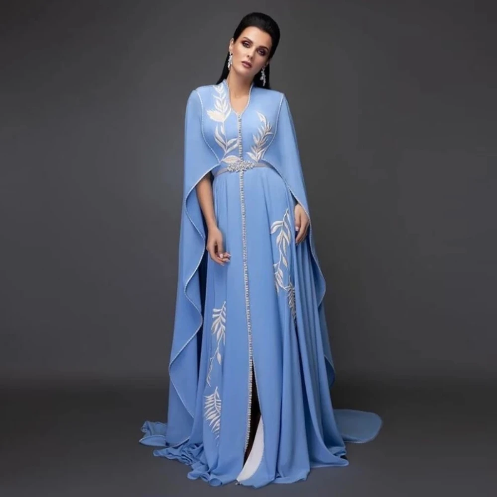 2023Sky Blue Arab Dubai Muslim Evening Dresses Luxury Women V-Neck White Appliques Cap Sleeve Prom Ball Gown Chiffon Party Dress