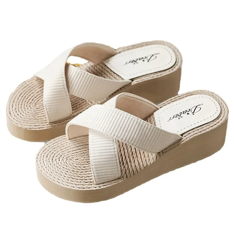 Summer Cross Hemp Thong Platform Wedges Women Slippers Indoor Outdoor Beach Slides High Heels Basic Shoes for Women