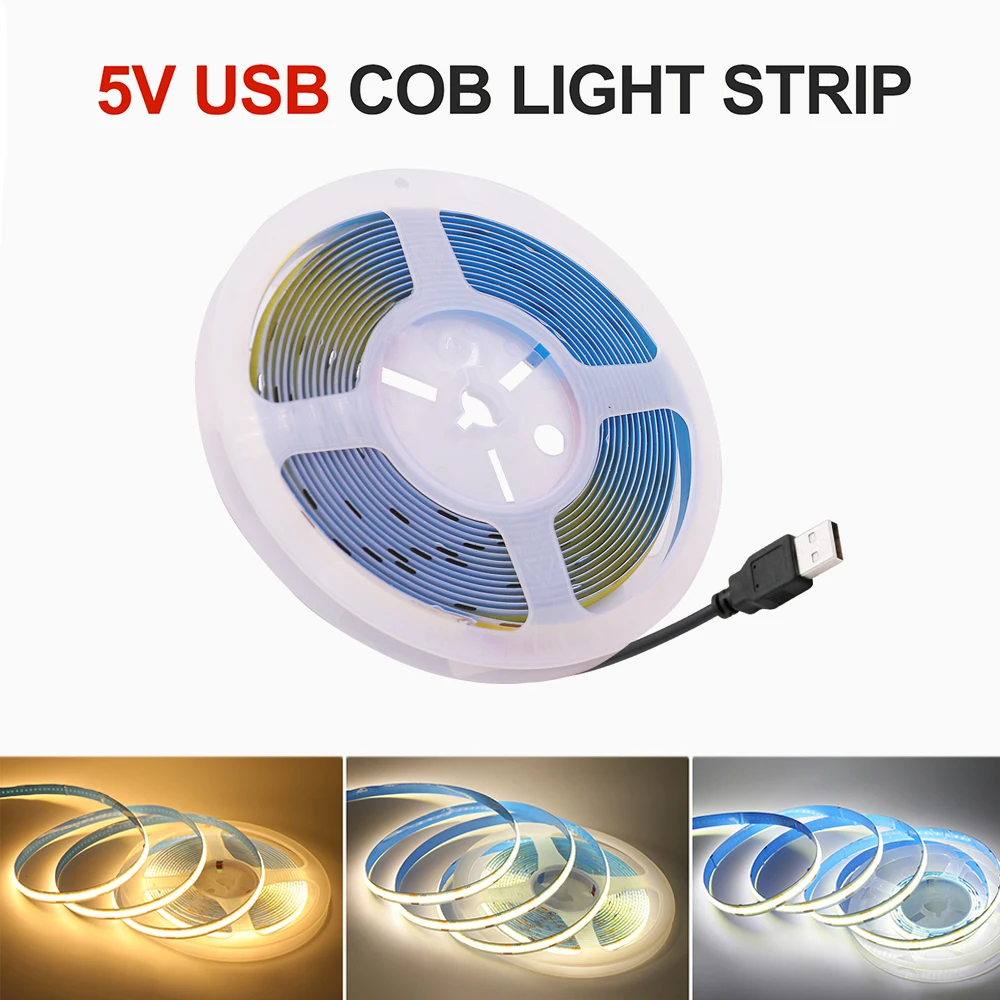 DC 5V COB LED Strip Light USB 320LEDs/M High Density RA90 Flexible Linear Ribbon Tape 3000K 4000K 6000K Home Decoration 3M 4M 5M