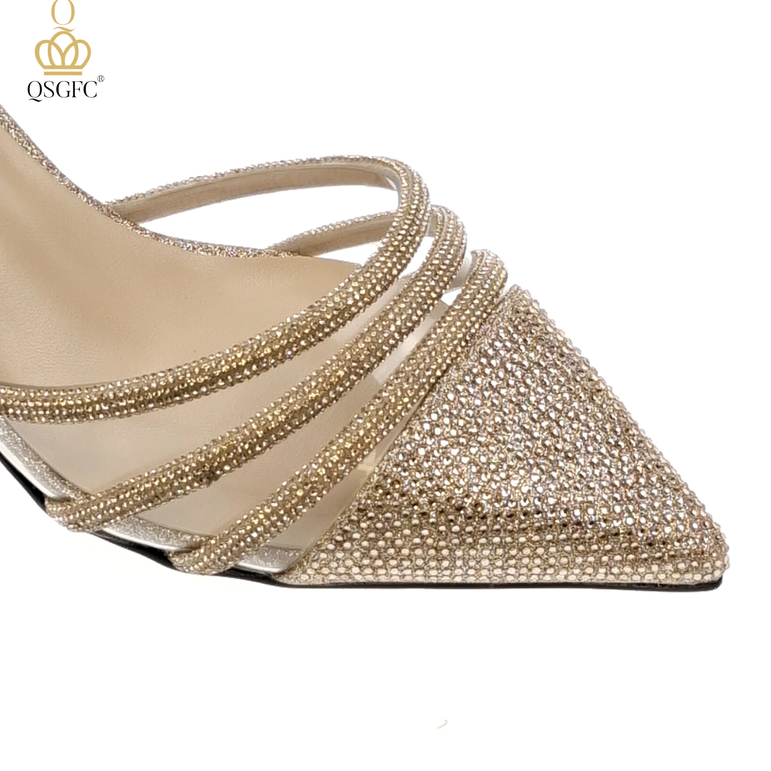 QSGFC Italian Design Nigeria New Trendy Full Diamond Embellished High Heels Peach Color Women\'s Bag and Shoes For Party Wedding