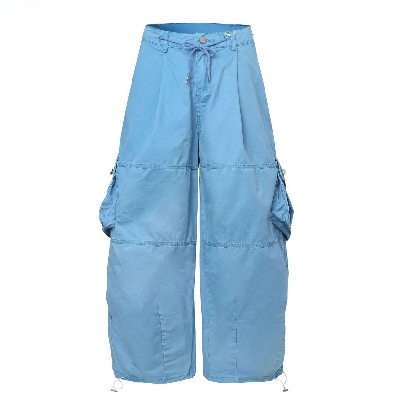 

American Retro Cargo Pants High Street Drawstring Loose Multi Pocket Kukri Wide Leg Men