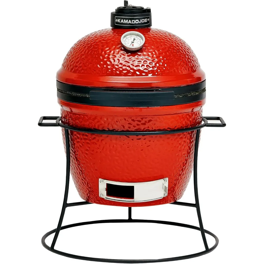 

13.5-inch Portable Ceramic Charcoal, Stainless Steel Cooking Grate, Heat Deflectors and Ash Tool in Red