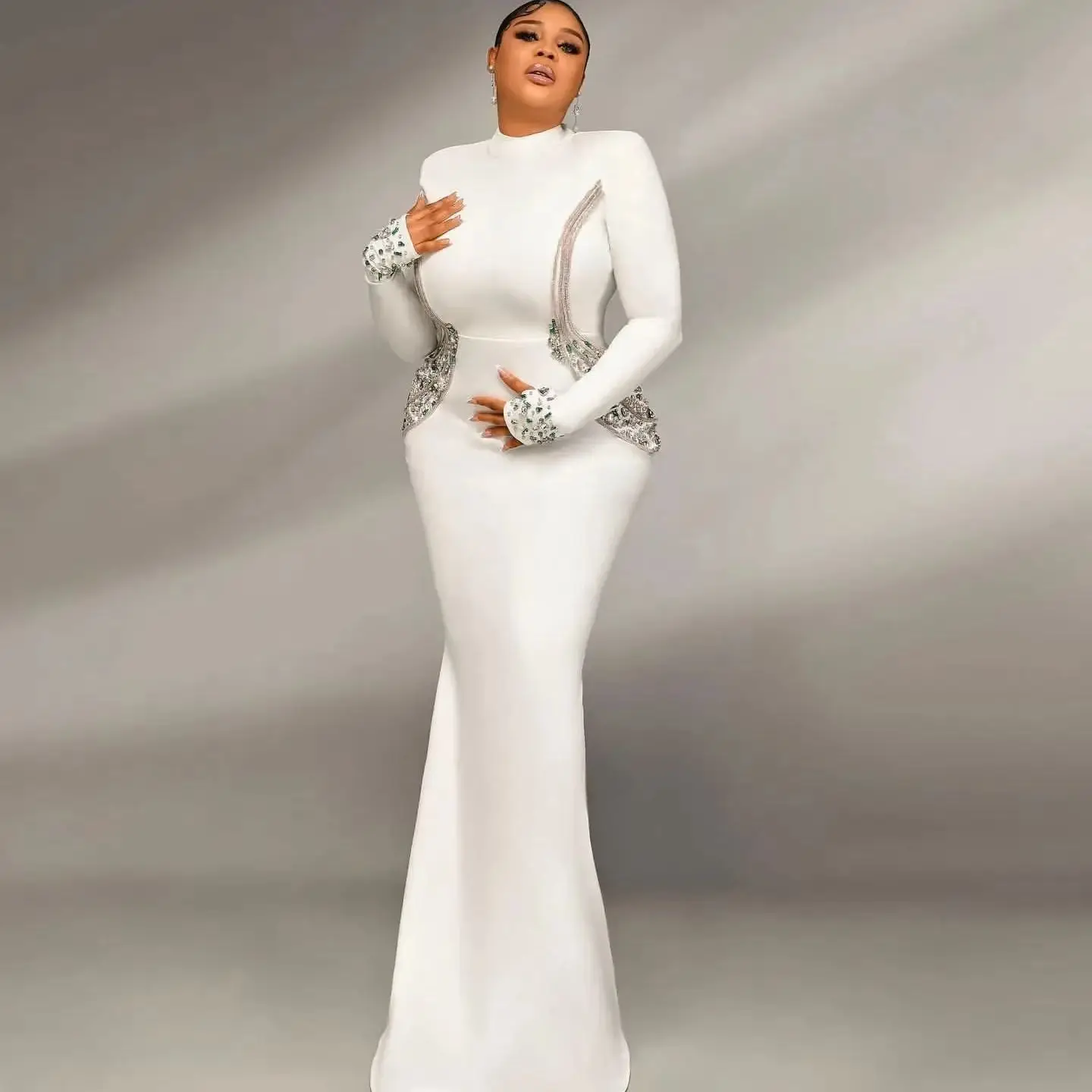 

African Aso Ebi White Mermaid Prom Dress Satin Beaded Rhinestones Evening Formal Party Birthday Special Occasions Gown