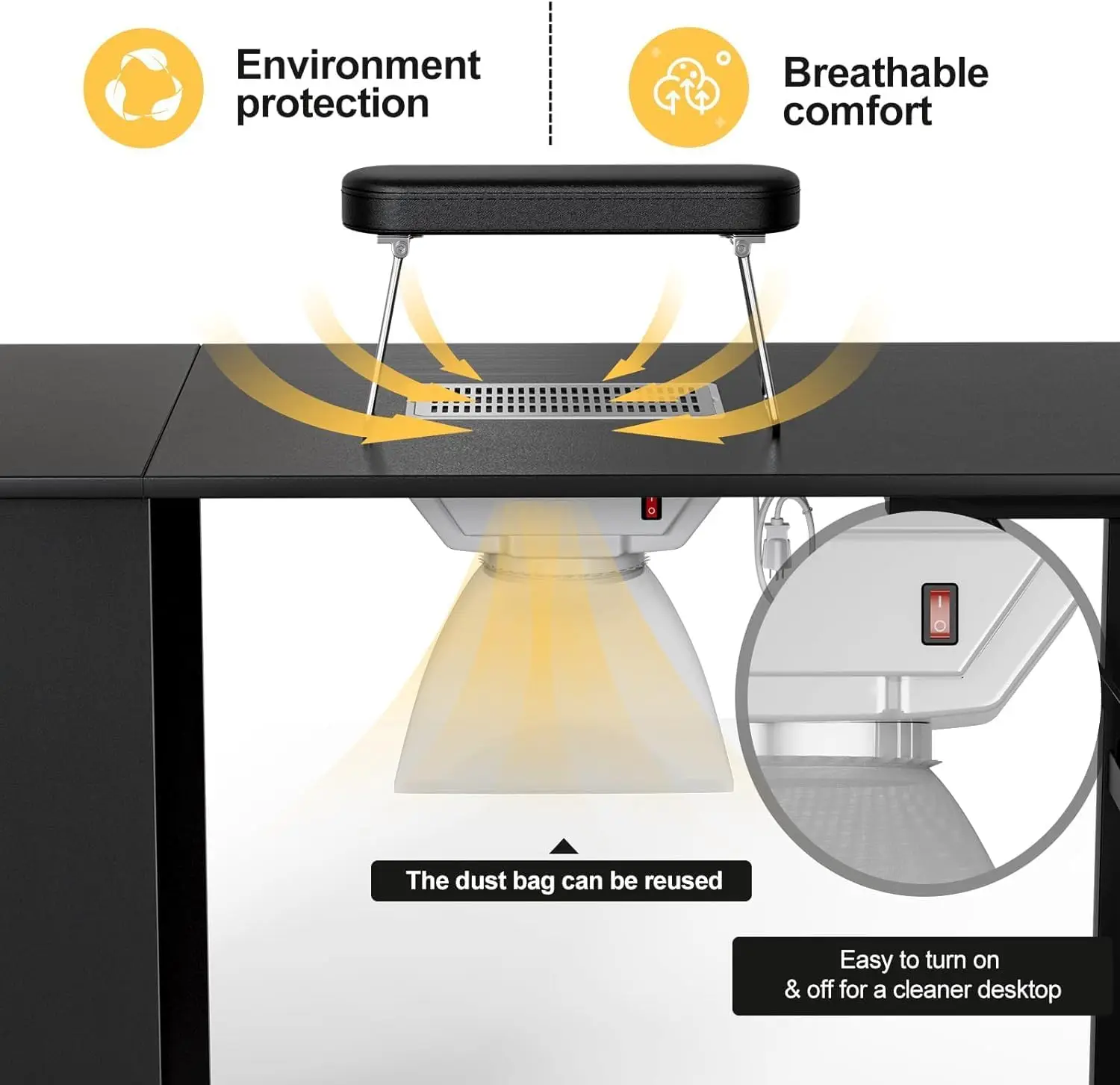 Foldable Manicure Table Nail Desk, Foldable Rolling Nail Table Station with Built-in Dust Collector, Adjustable Length