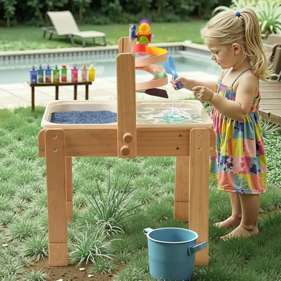 Mesa de arena y agua para niños pequeños, mesa de actividades sensoriales de madera 4 en 1 para niños con 2 contenedores de almacenamiento, tablero acrílico para pintar, tobogán