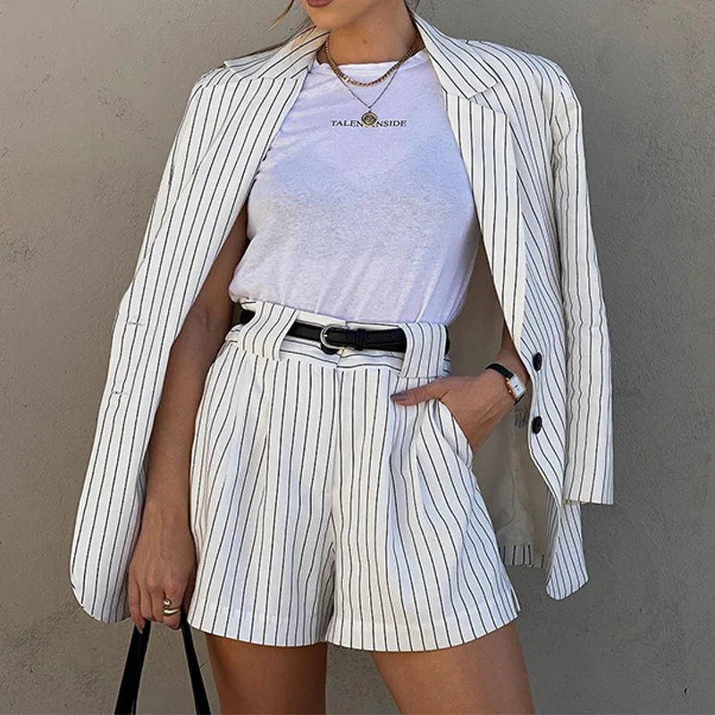 FD1466 2023 Autumn Spring New Women's Fashion Style Printed Striped Long Sleeve Coat Shorts Two Piece Set