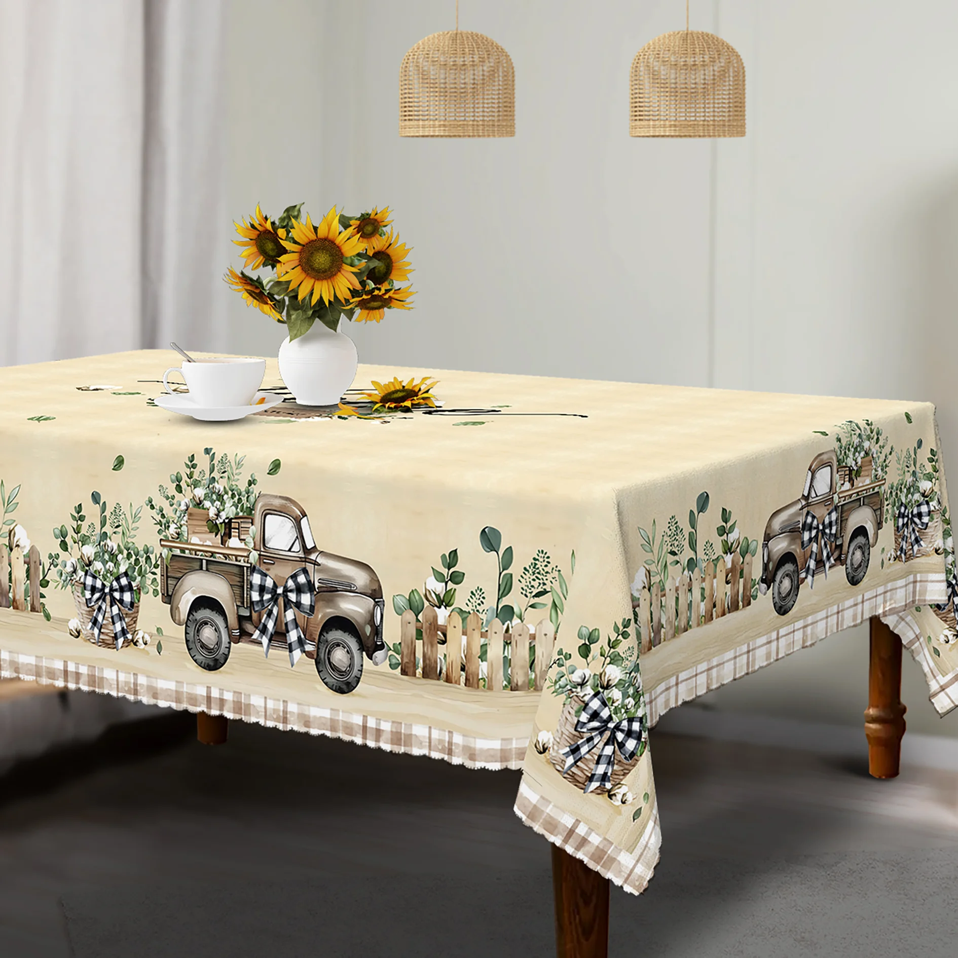 One tablecloth for a rural inn, featuring a retro truck bowtie leaf fence buffalo pattern designxzj