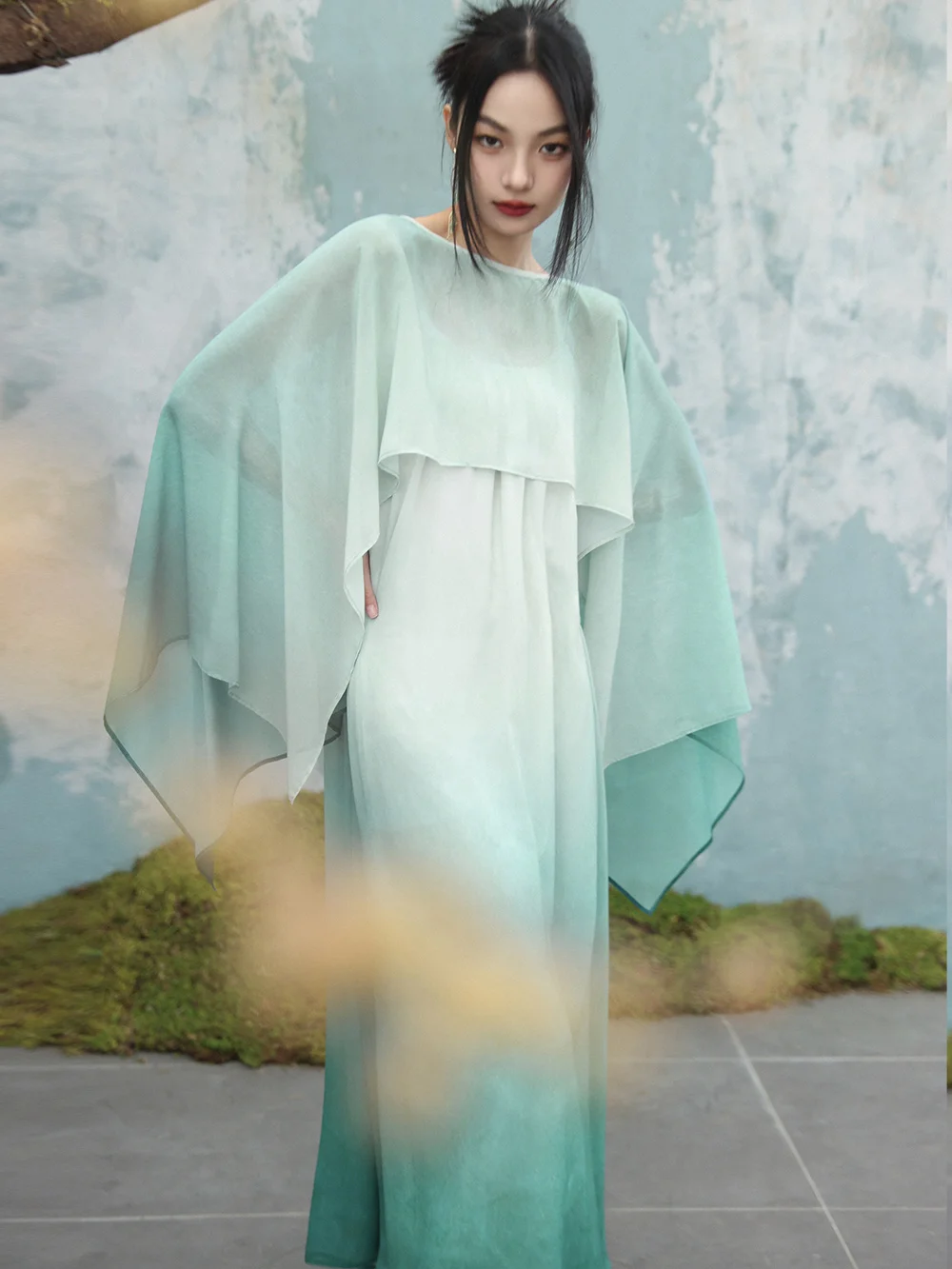 Water Blue Gradient Chiffon Loose Dress Two-Piece Shawl + Sling