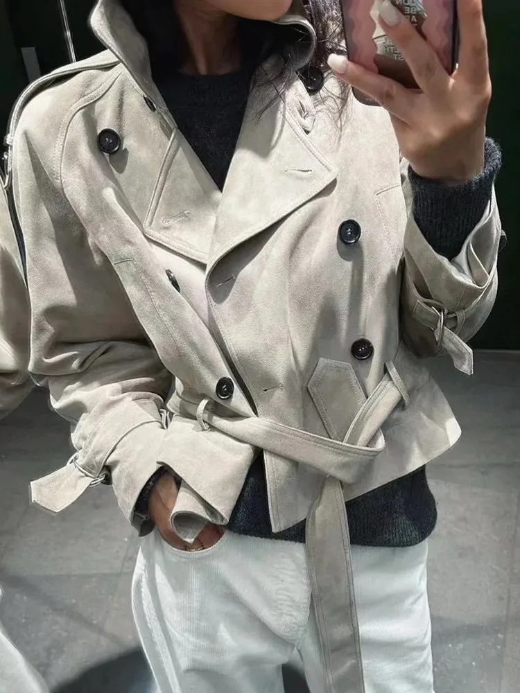 Designer Fashion Women Autumn Real Suede Leather Jacket Belted Double Breasted Coat Short Style Luxury Lady Moto Biker Outwear