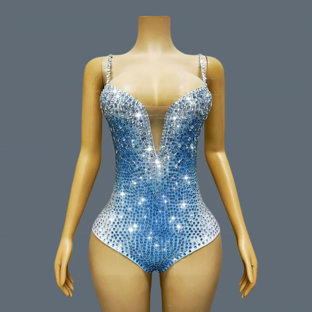 Wysokiej jakości, błyszczące, zdobione kryształkami strój taneczny typu stringi, jednoczęściowy, seksowny strój na występy taneczne, głęboki dekolt, strój dla showgirl, Bingqilin