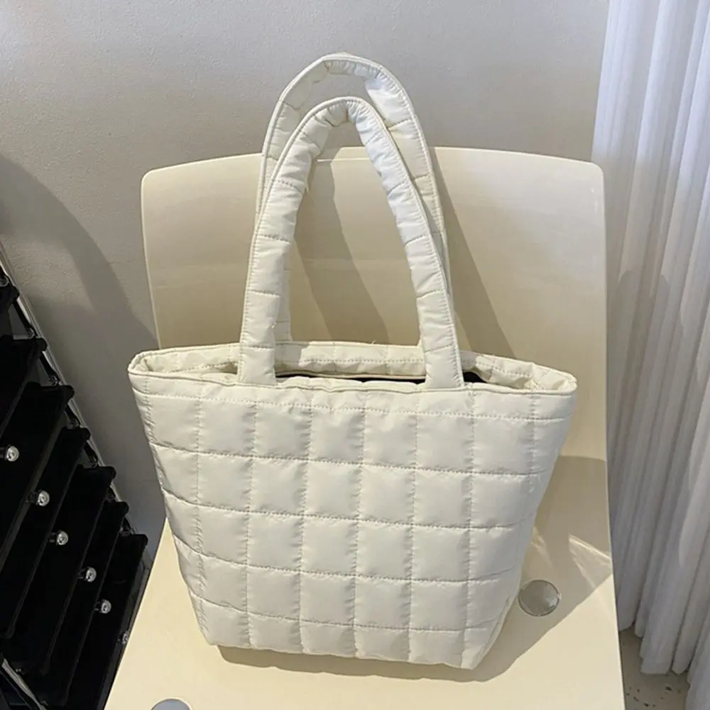 

Fashion Nylon Quilted Tote Bags Solid Color Large Capacity Cotton Padded Handbags Big Cotton Fluffy Shoulder Bag Girls
