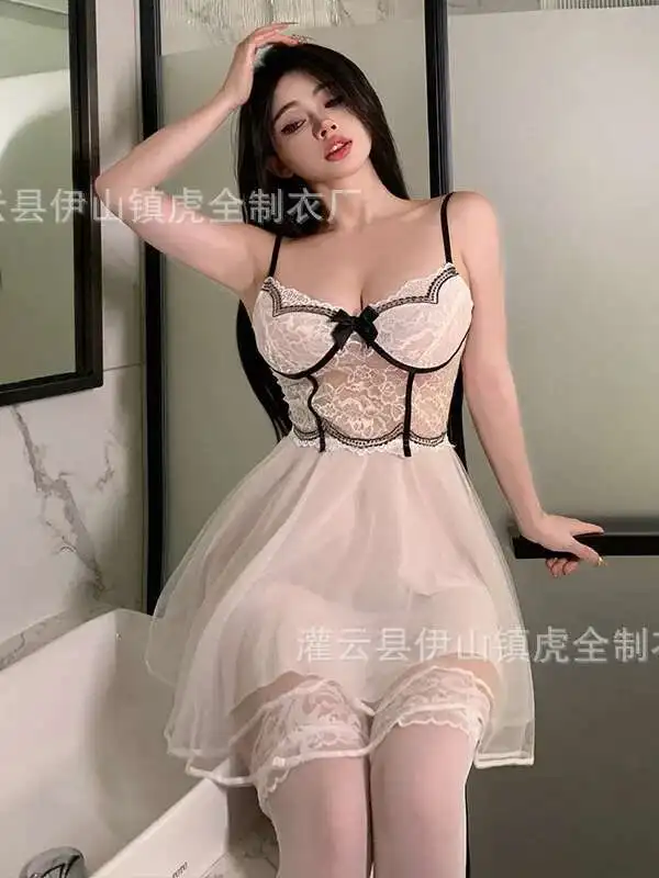 الفرنسية أنيقة مزاجه الحلو الدانتيل شبكة الربط Cinching الصدر مثير الحمالات فستان شبكة الدانتيل الحلو تانك فستان قصير FFXI