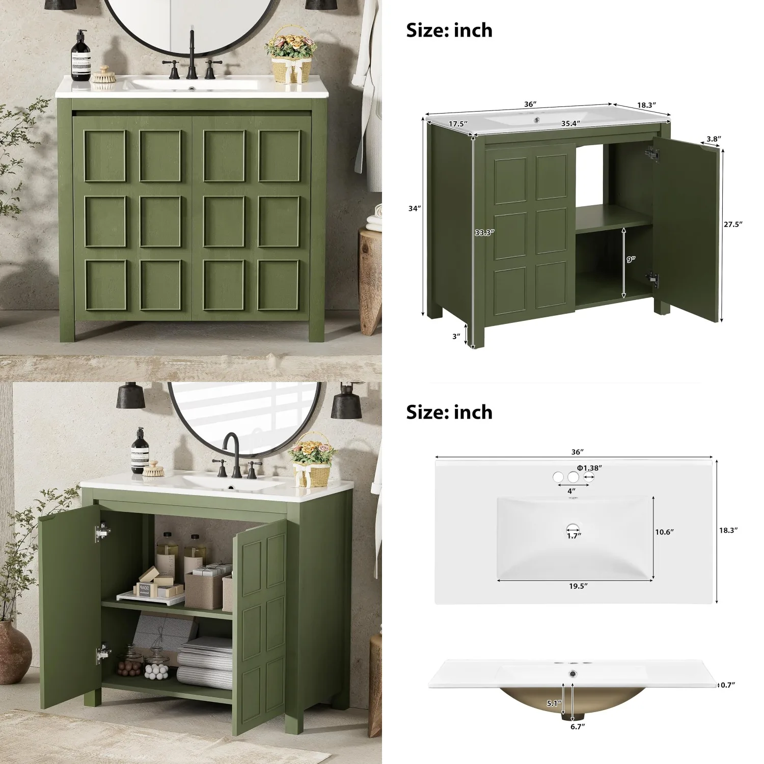 

36" Bathroom Vanity Ceramic Sink Farmhouse Storage Cabinet Olive Green, Customized