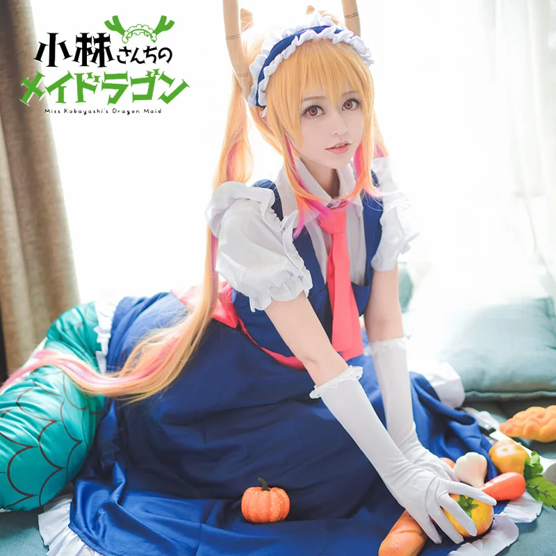 Dragon Maid Tohru Cosplay Costumes pour femmes, Anime Miss Kobayashi, Lacauch Kobayashi, uniforme de demoiselle d'honneur de fête de vacances, queue de perruque