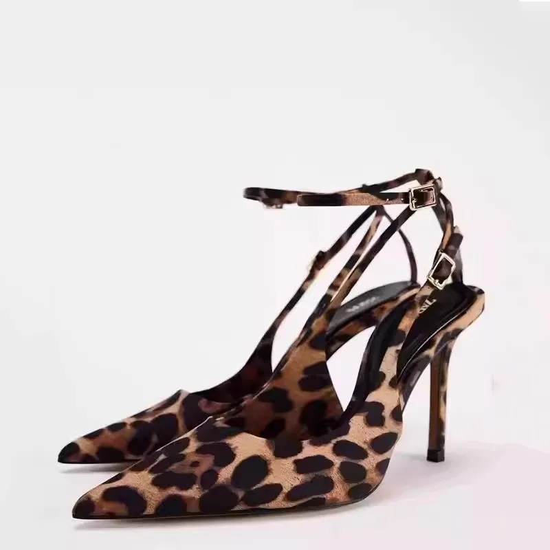 2025 New sexy temperament senior sense fine heel sandals pointed satin leopard print high heels