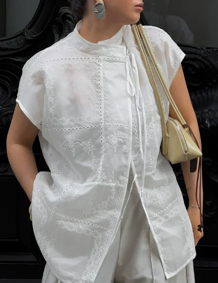 Women's T-Shirt 2026 Spring Summer New Solid Color Stand Collar Short Sleeve Loose Fit Casual Lace Up Daily T-Shirt Top