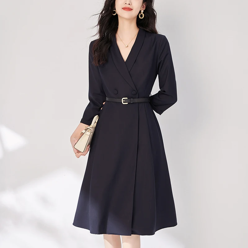 

Autumn Winter Women's Solid Dress Notched Collar Three Quarter Sleeve Elegant Dresses For Women A-line Office Lady Work Dress