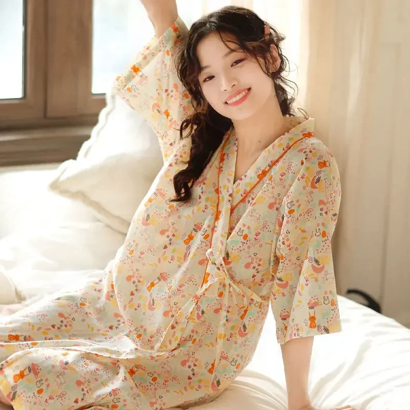 Nightgown Summer Women's Japan Thin Cartoon Home Soft Simple Cozy High Quality Skinny Temperament Loose Texture Colorful Cool