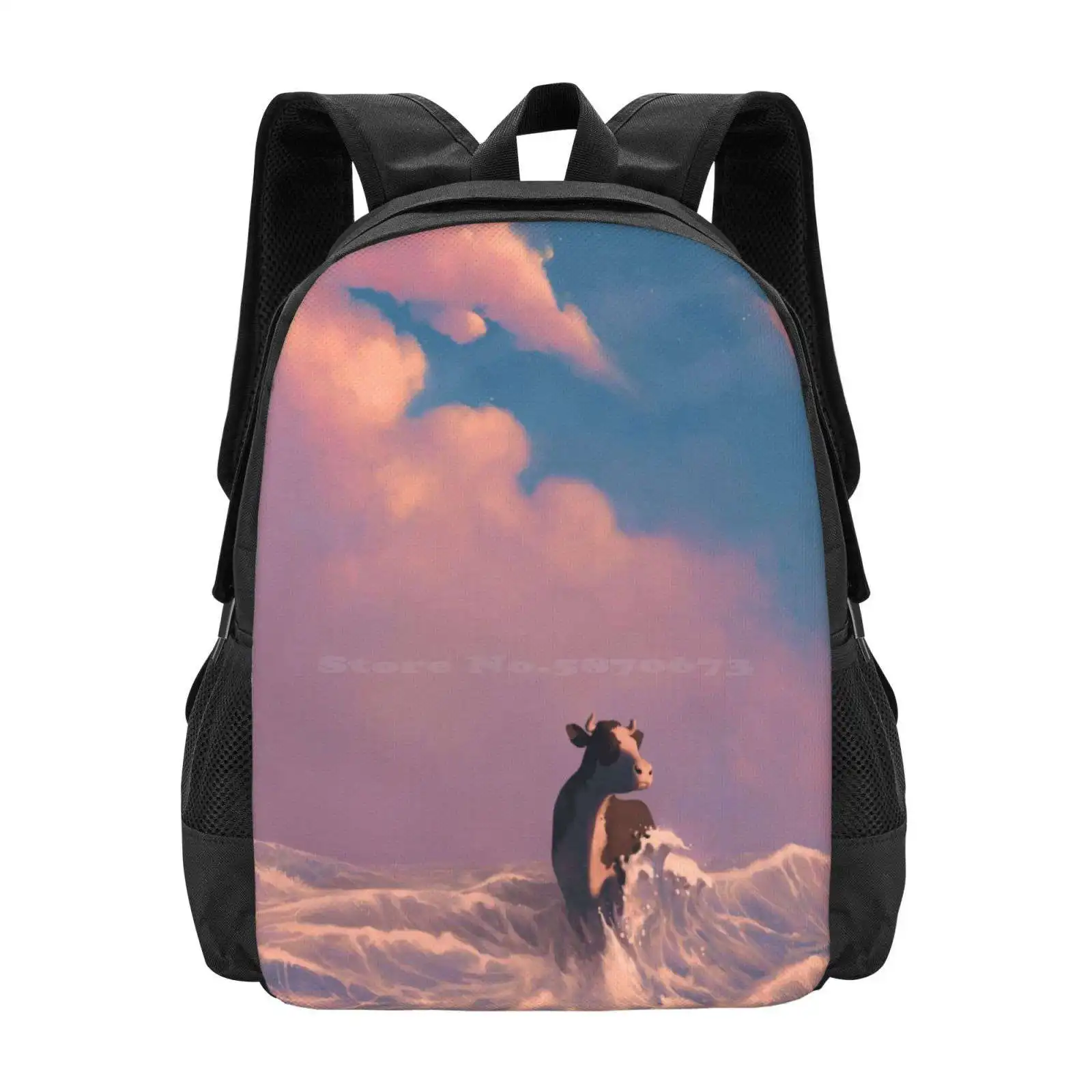 Acats 2 : Ocean Walker New Arrivals Unisex Bags Student Bag Backpack Cow Ocean Sea Waves Surf Beach Clouds Sunset Sunrise Pink