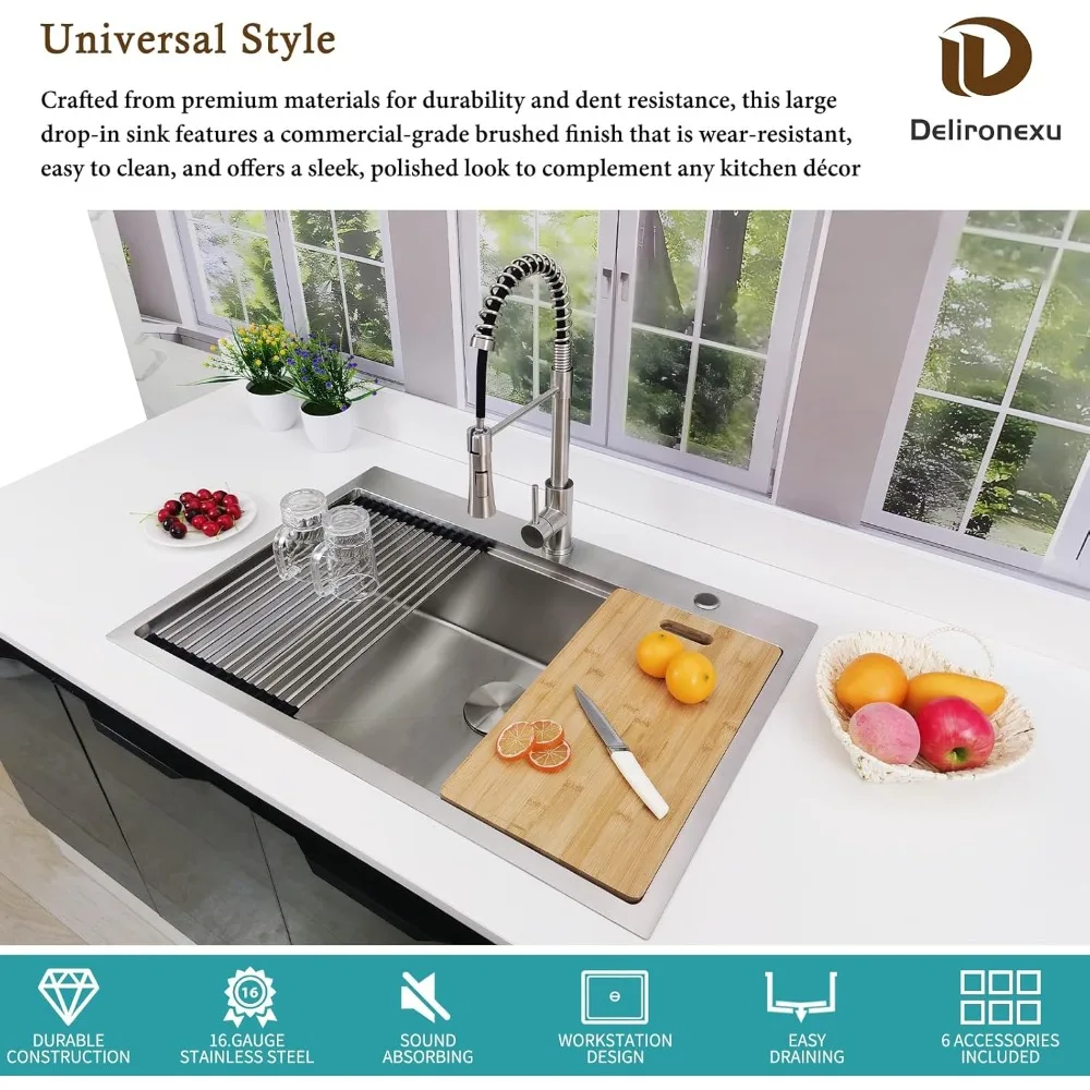 33x22 Drop In Kitchen Sink-Stainless Steel Kitchen Sinks Workstation, Single Bowl Deep Top Mount Sink with 6 Accessories Package