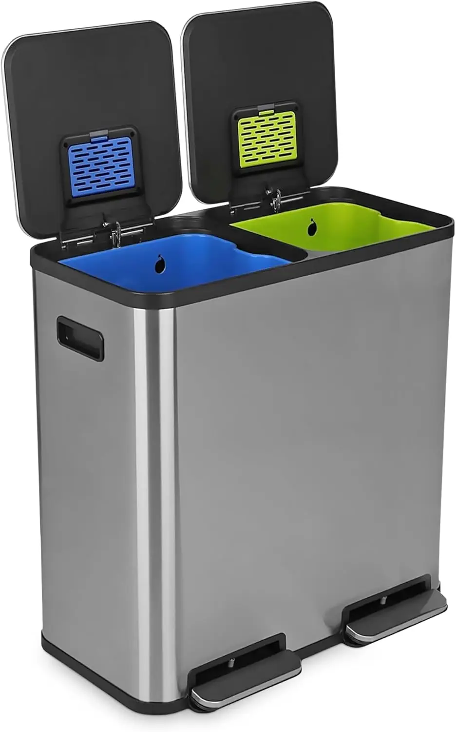 

80L Dual Compartment Kitchen Trash Can - Hands-Free Step Pedal, Soft-Close Lid, Stainless Steel Recycling Bin with Odor Filter