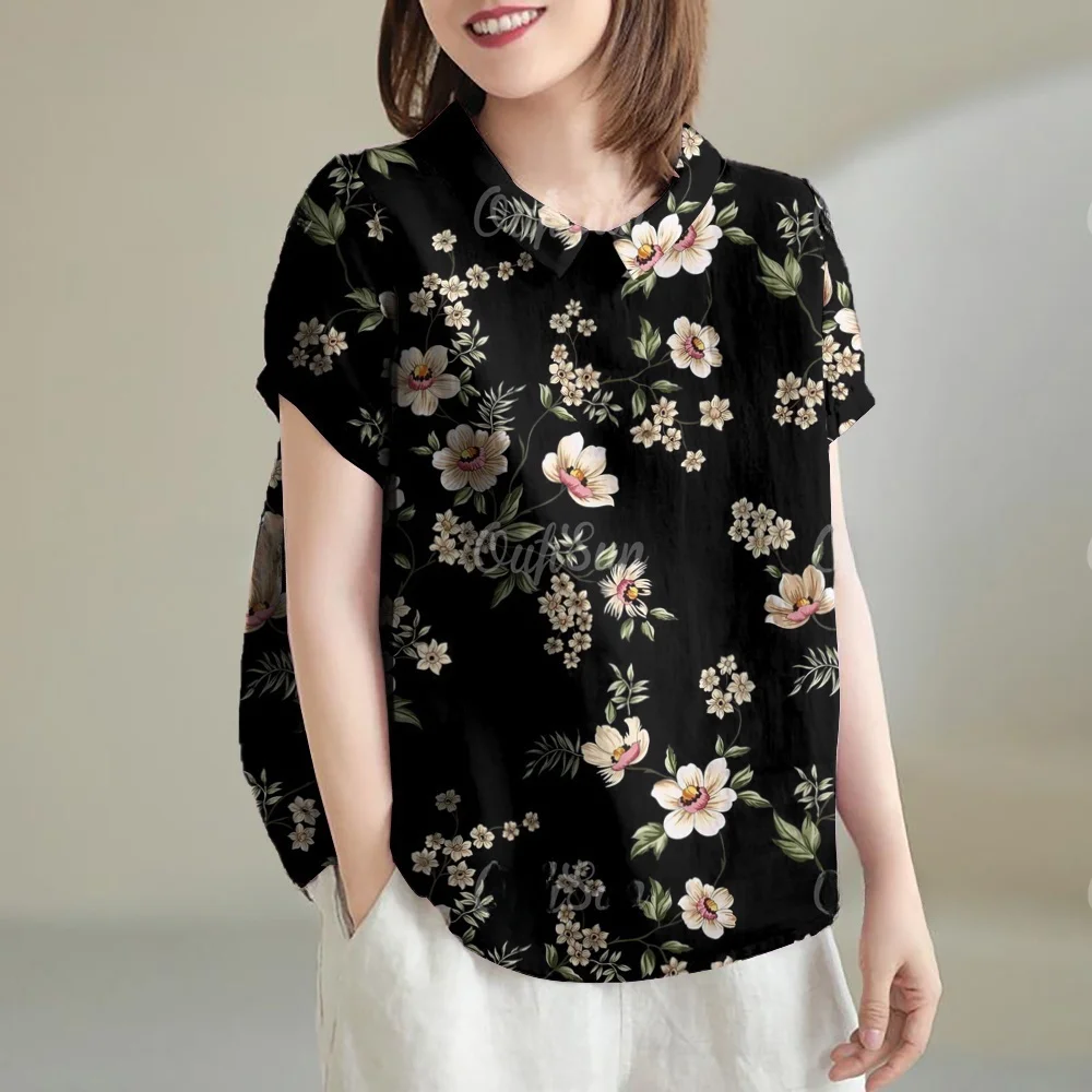 Youth Women's Blouses Fashion Floral Print T-Shirt Casual Hawaii Lapel Women Short Sleeve Blouse Summer Comfort Blouse Female