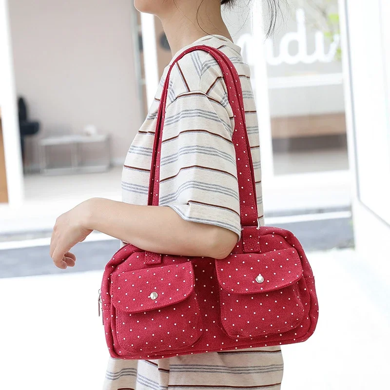 Schultertasche mit mehreren Taschen und Sternenmuster, gepunktet, für Damen, Canvas-Tragetasche, koreanische süße, niedliche, lässige Handtasche für Pendler und Reisen – Detail 21