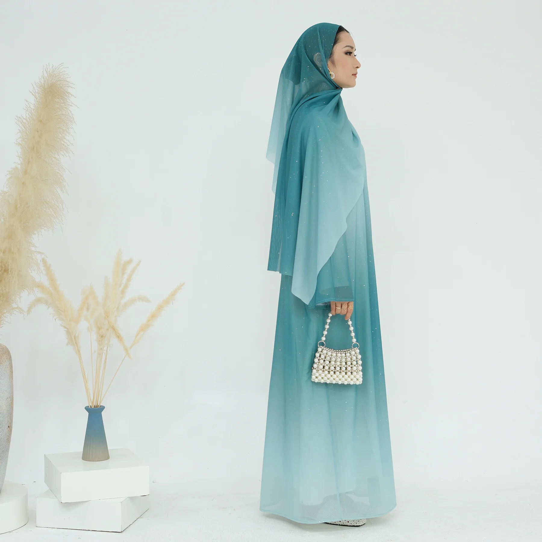 Nieuwste Hot Selling Trend Dubai Abaya Hijab Set Ontwerpen Ombre Kleur Open Abaya 2025, Damesjurk met Hijab Mode Abaya Pak