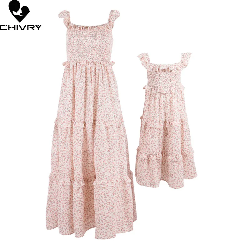 New Mother Daughter Summer Loose Dresses Sleeveless Floral Ruffles Beach Casual Dress Mom Mommy and Me Family Matching Outfits