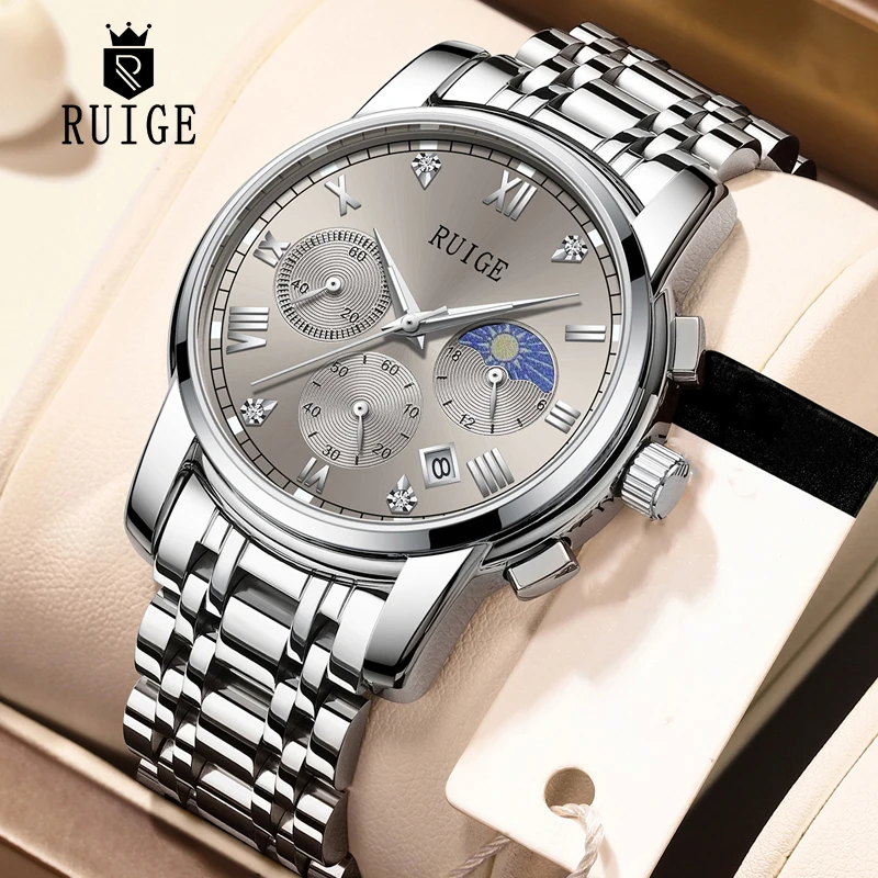 루이게 야광 삼안 육침 스테인리스 스틸 시계줄 쿼츠 시계 패션 트렌드 레저 선물 남성용 손목시계