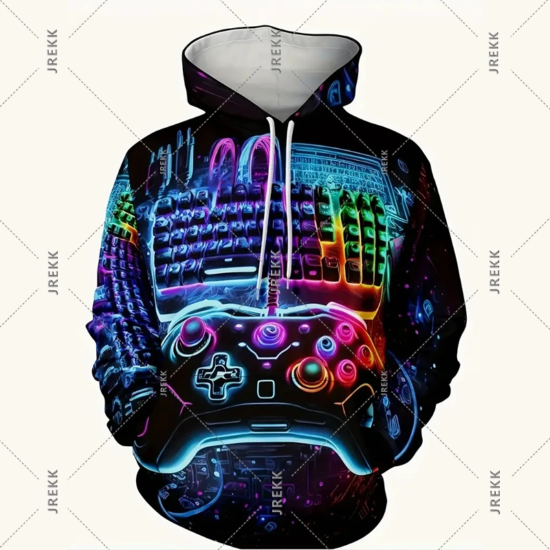 Gamepad Game Player Funny Hoodie For Men Graffiti Neon Smoke Graphic Hooded Coat Children Best Gift Long Sleeve Kids Hoodies