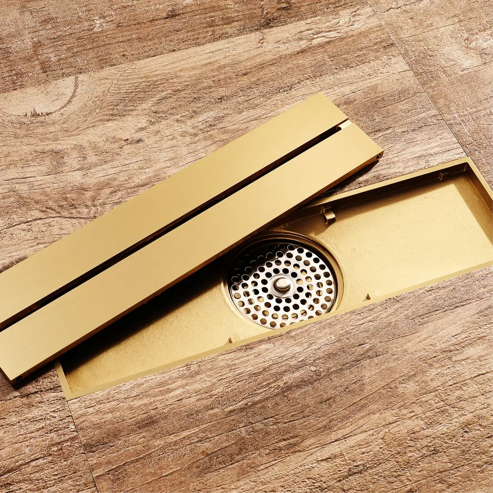 Home Improvement Bathroom Renovation Accessories Rectangular Floor Drains Gold Electroplated Size 300X82MM Hidden Installation