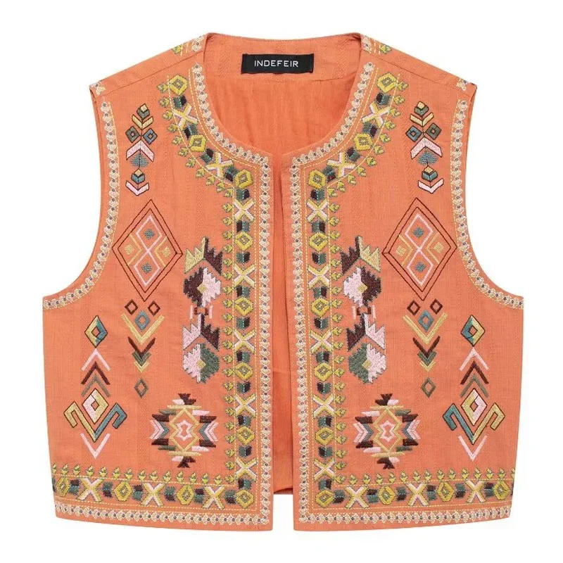 TRAF Cardigans Women's Vests Sleeveless Embroidered Vest Woman Boho Cropped Waistcoat Women Vest Top Fall Short Coats Lady Vests