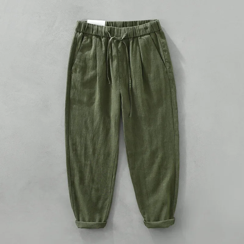 Pantaloni di lino in cotone affusolato Pantaloni casual da spiaggia estivi da uomo Pantaloni in vita elastica con coulisse solida Pantaloni larghi retrò giapponesi
