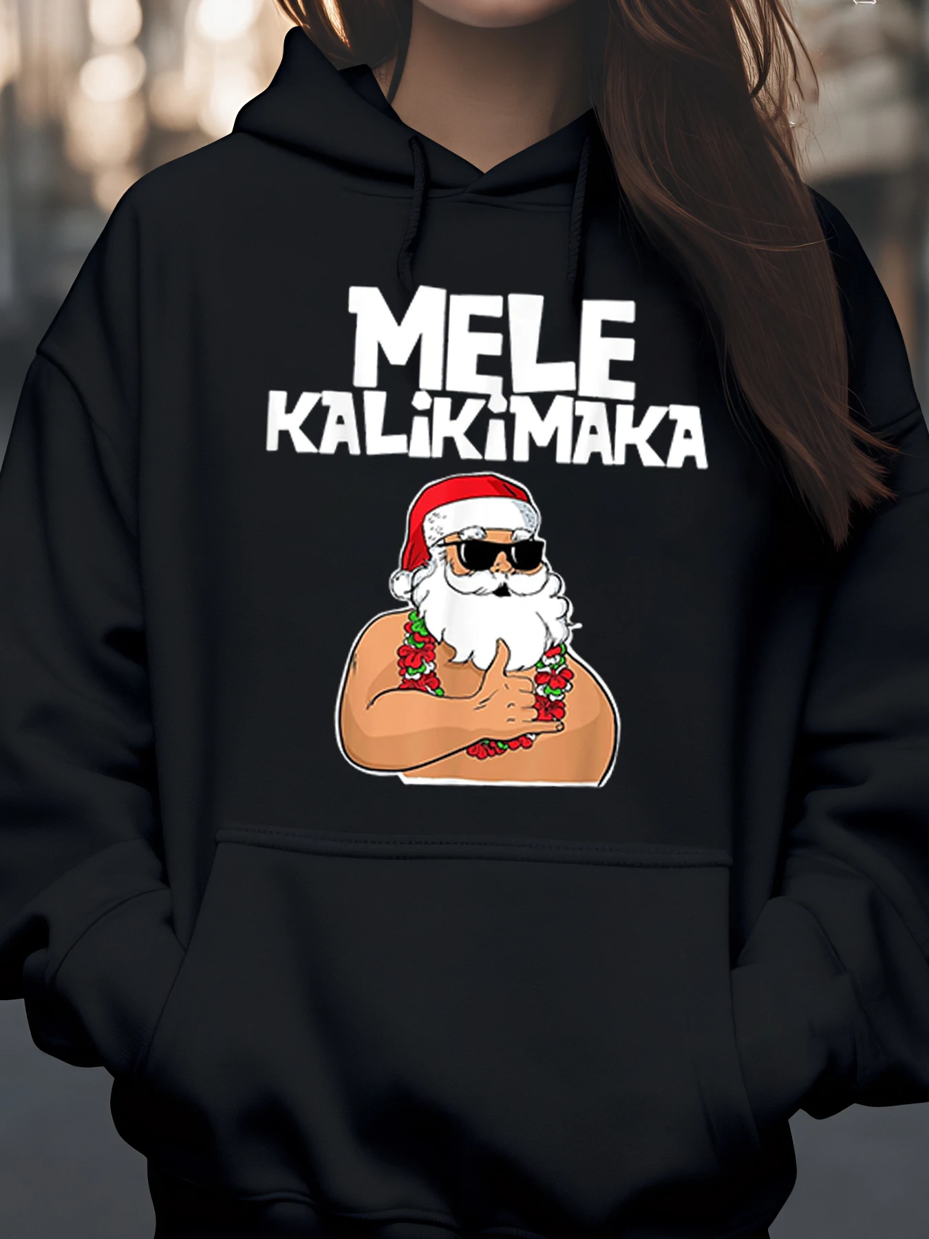 Mele Kalikimaka Santa مع سويت شيرت Lei بقلنسوة لعطلة عيد الميلاد للنساء والرجال #1