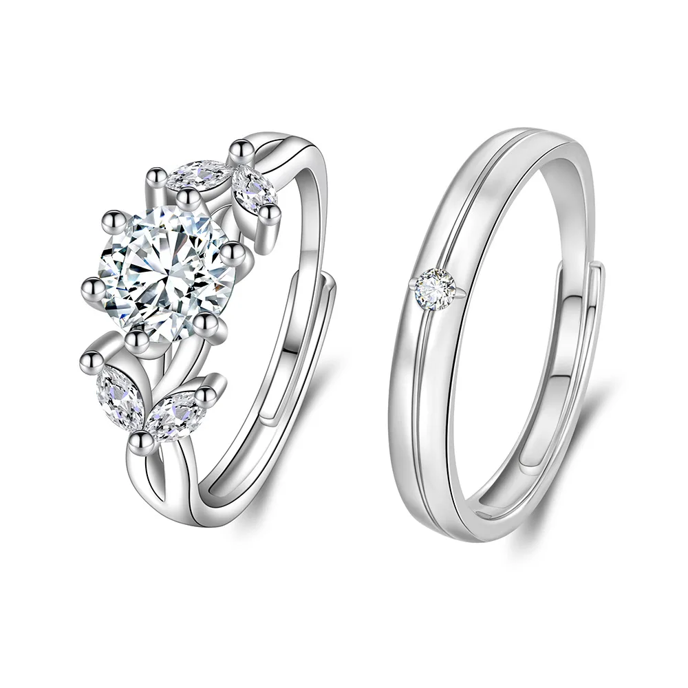 

925 Sterling Silver Simple Small Fresh Young Leaf Zircon Couple Ring, Birthday Commemorative Valentine's Day Gift