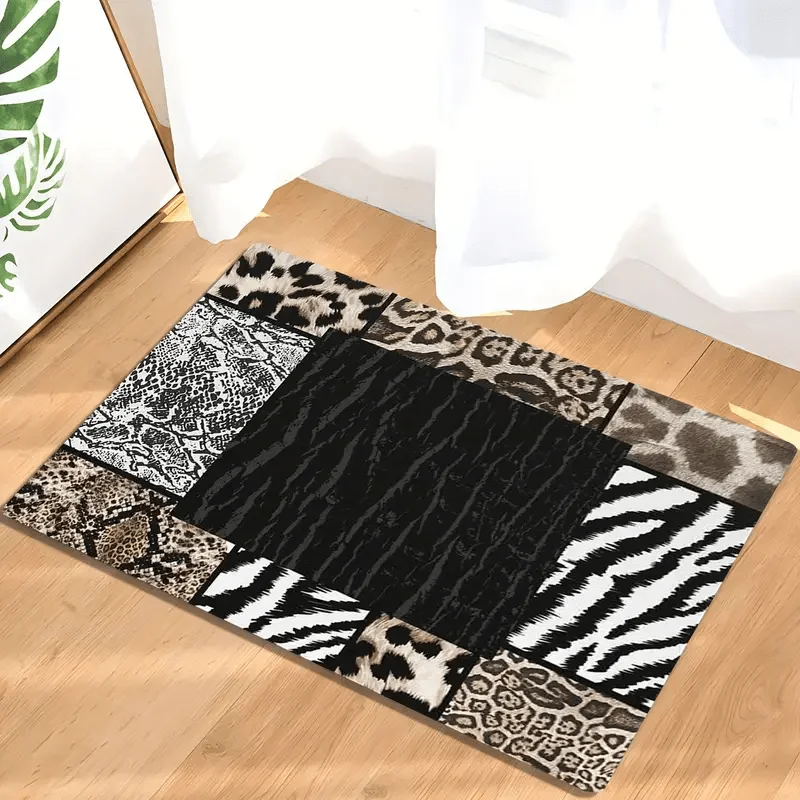 1pc 2D Flat Patchwork Animal Print Leopard Zebra Snake Flannel Area Rug Non Slip Wild Safari Carpet For Living Room Floor Decor