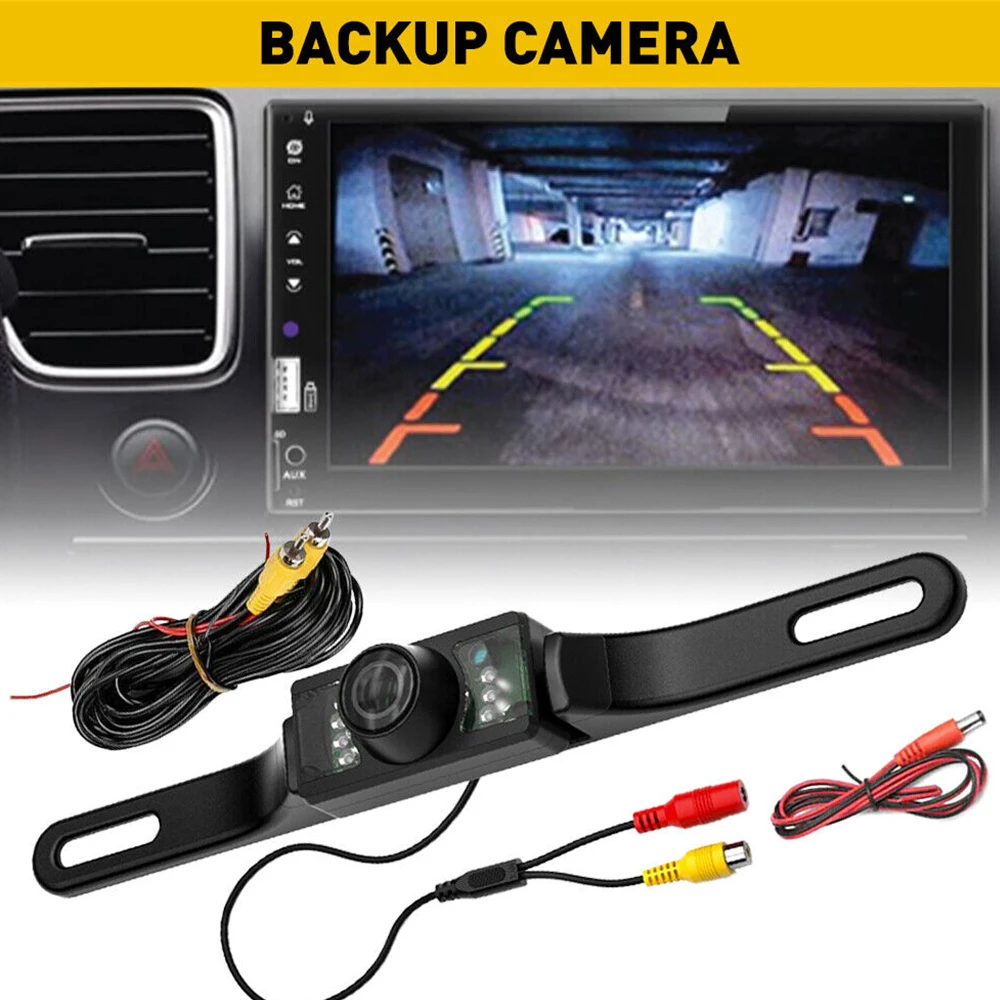 HD Night Vision Rear View Backup Camera with 7 LED Lights Night Vision for Cars, SUVs, Pickups - License Plate Frame Included